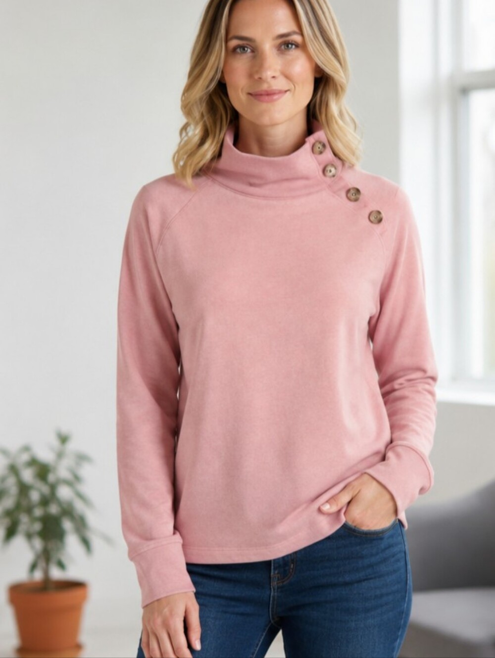 J.Crew Pink Fleece Wide Button Collar Tunic Pullover Sweatshirt Medium